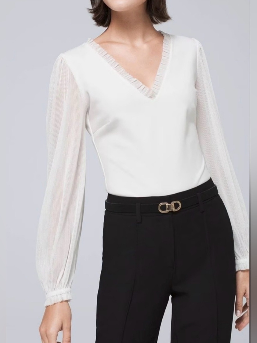 NWT White House Black Market Mesh Sleeve V-Neck Ecru Blouse, sz XS, ruffled cuff